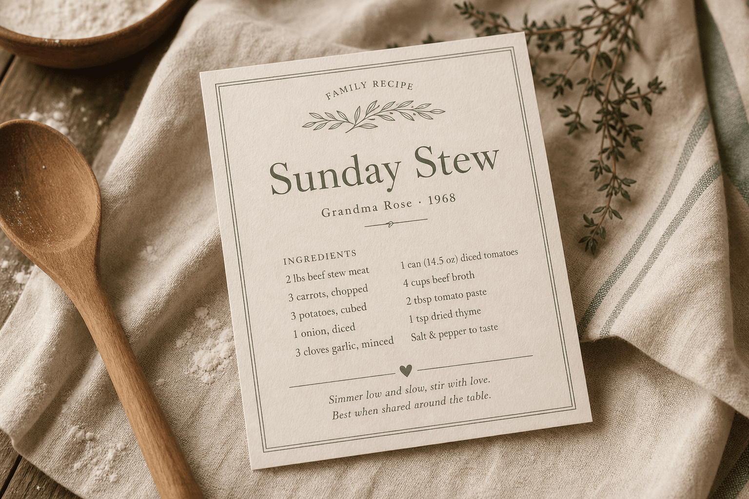 Finished family recipe card sample on cream paper