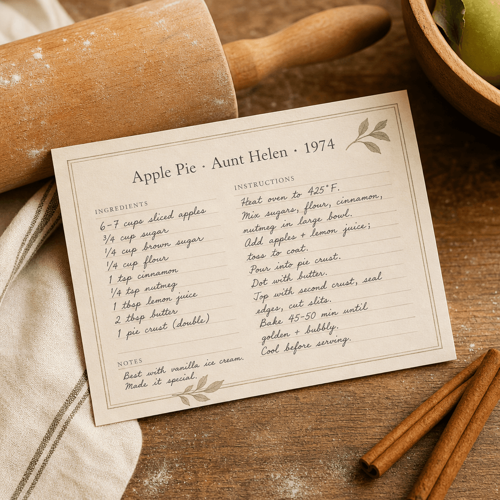 Sample family recipe card for apple pie