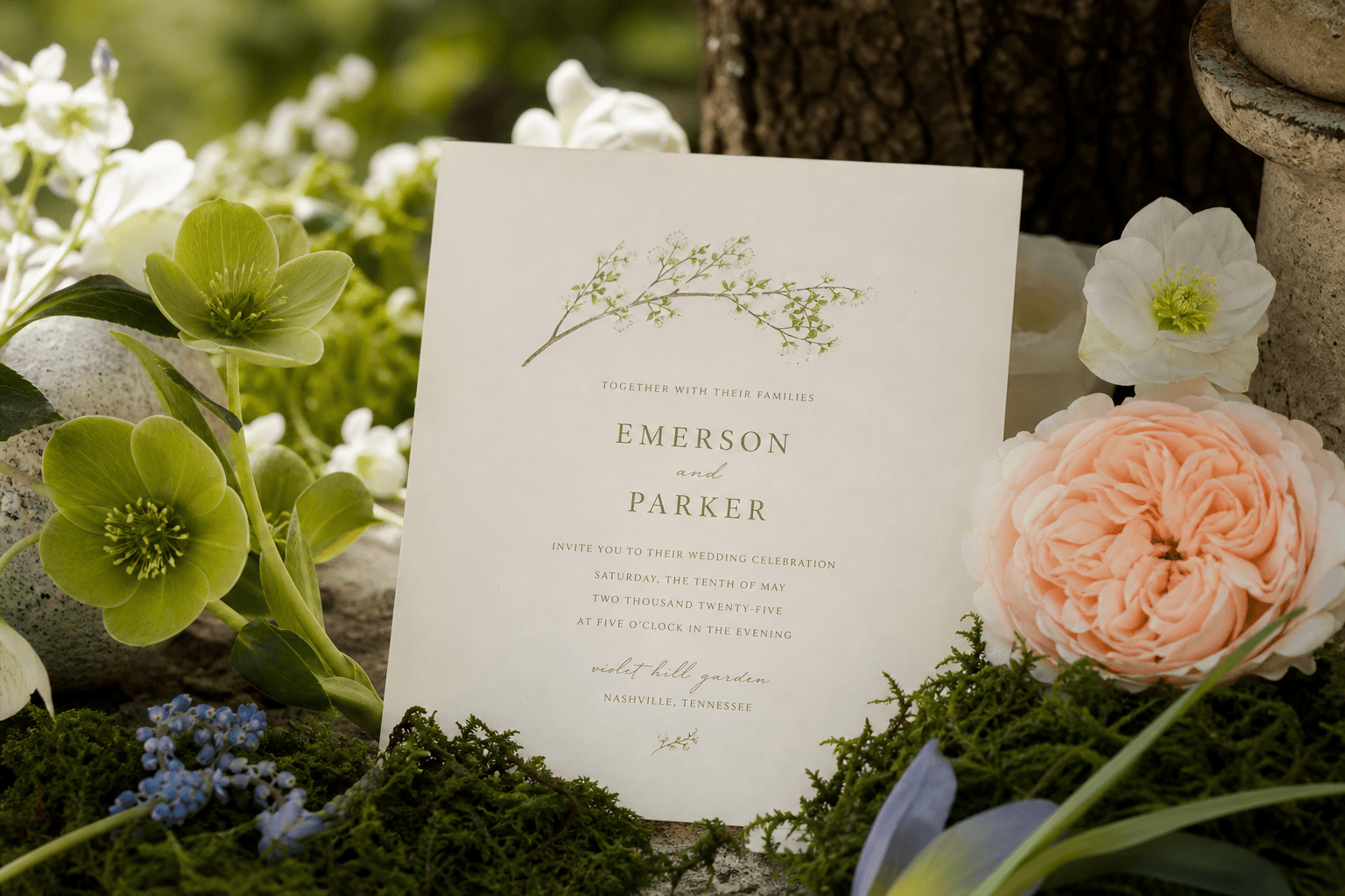 Quiet garden invitation among soft botanicals
