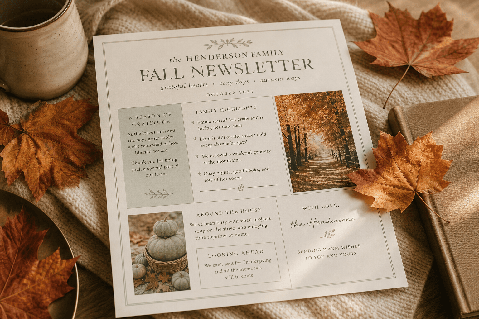 Seasonal family newsletter with autumn leaves