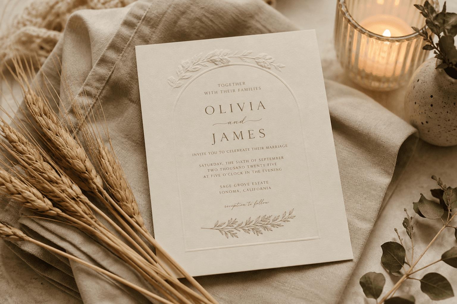 Warm linen invitation on folded natural cloth